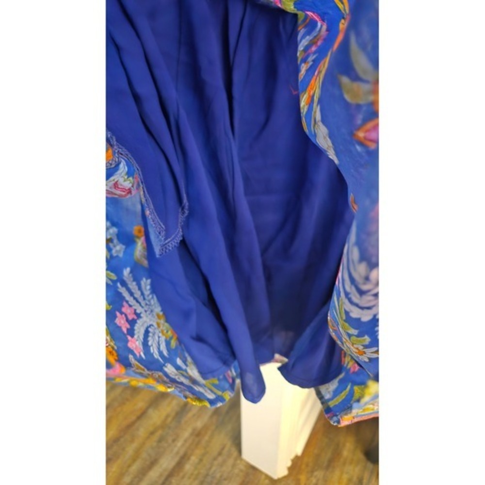 Vivid Blue cottagecore boho floral Smocked Mini Dress Long Puff Sleeve Womens L - Picture 7 of 9